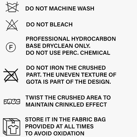 Care instructions: do not machine wash, do not bleach, professional hydrocarbon dry clean only, do not iron the crushed part, twist the crushed area, store in the fabric bag